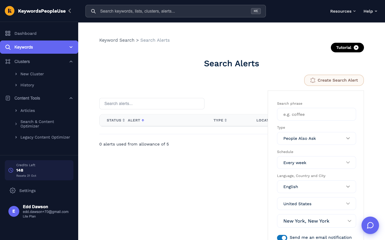 The Create Search Alert form on the Alerts page