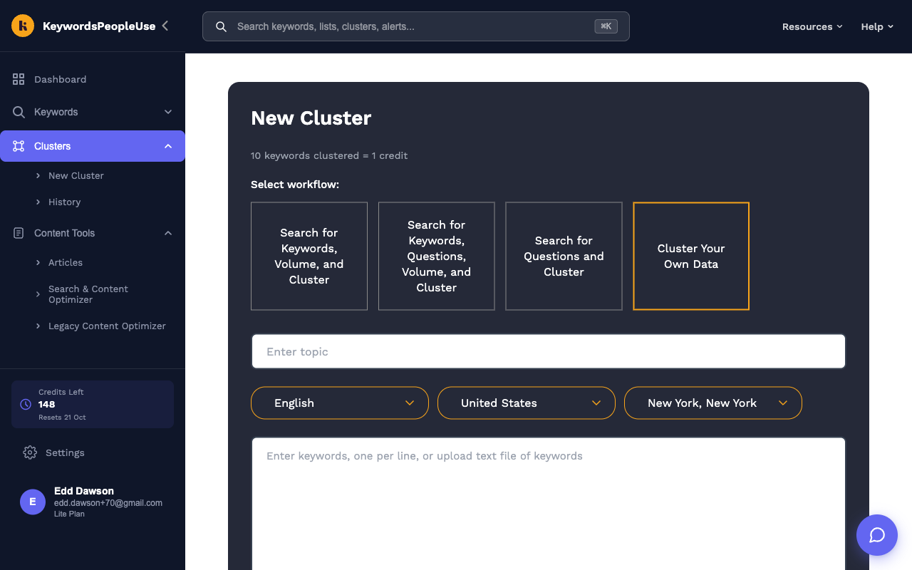The Cluster Your Own Data workflow with the upload area