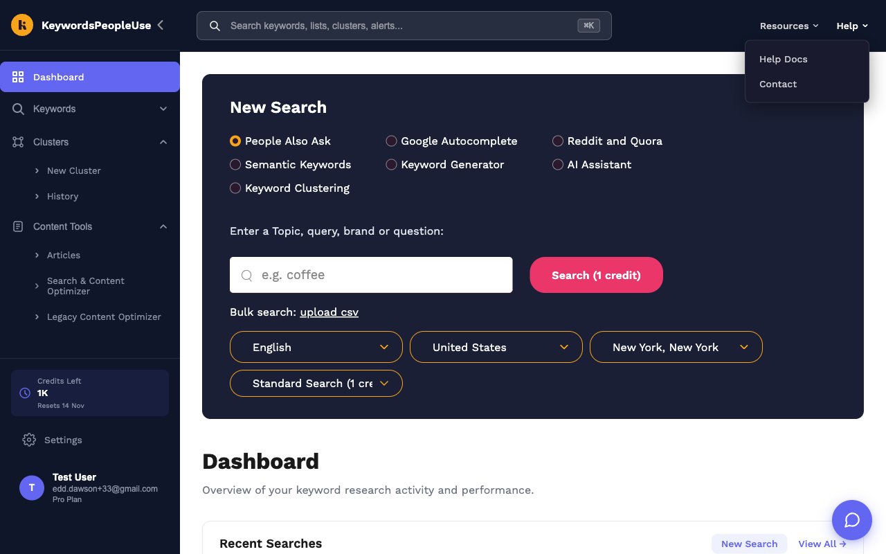 The Dashboard with the sidebar expanded and the Help menu open
