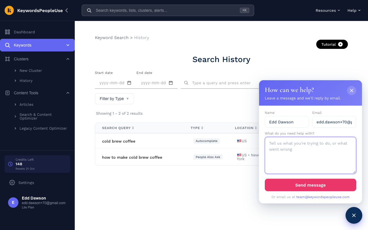 The help button opens a small form for sending us a message