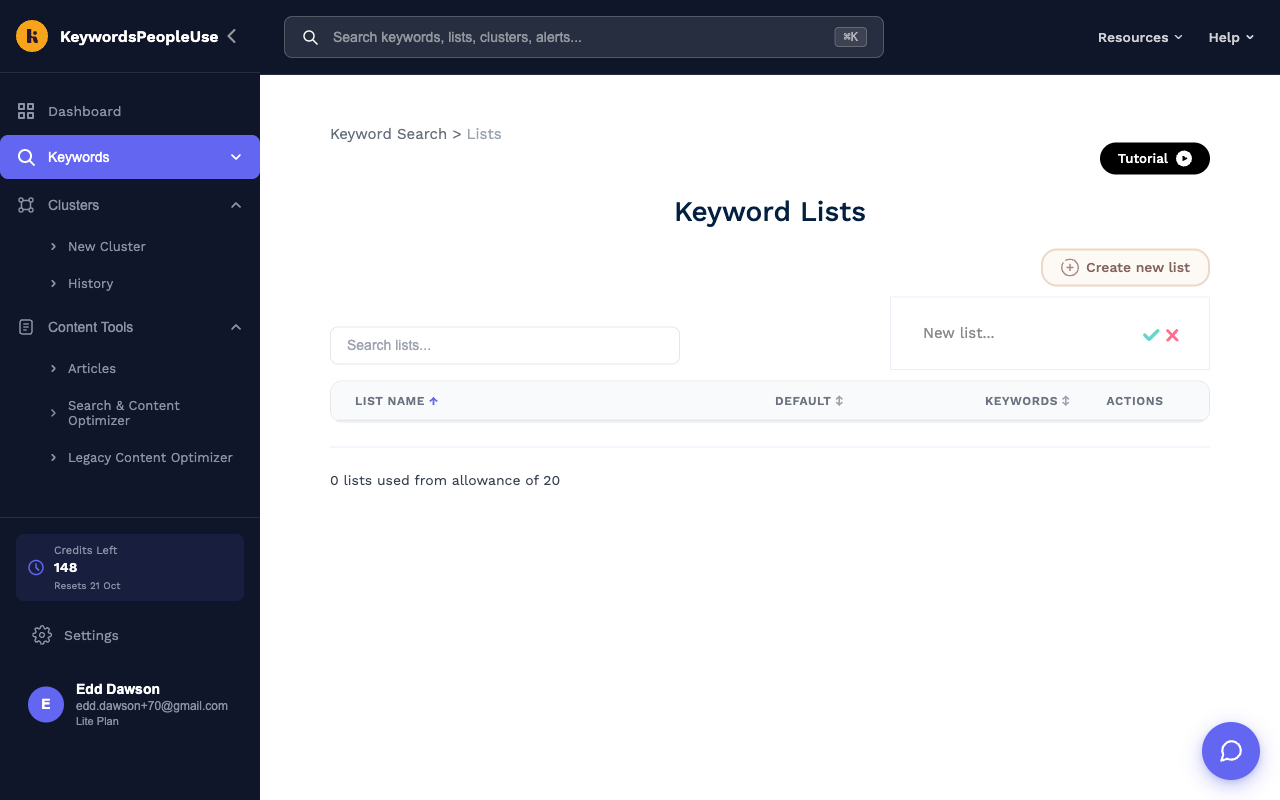 The Keyword Lists page