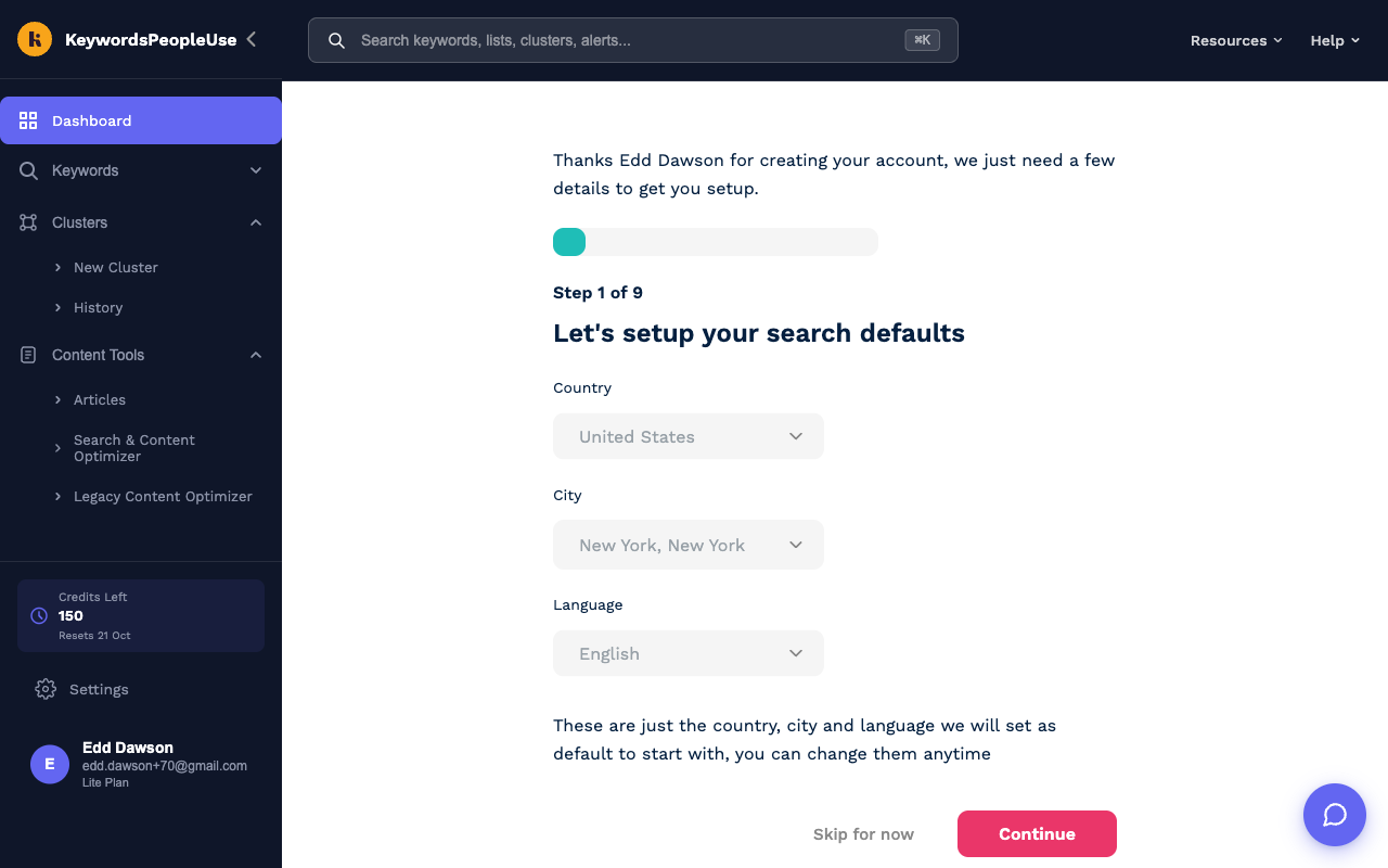 The first step of the setup wizard asks for your default country, language and city