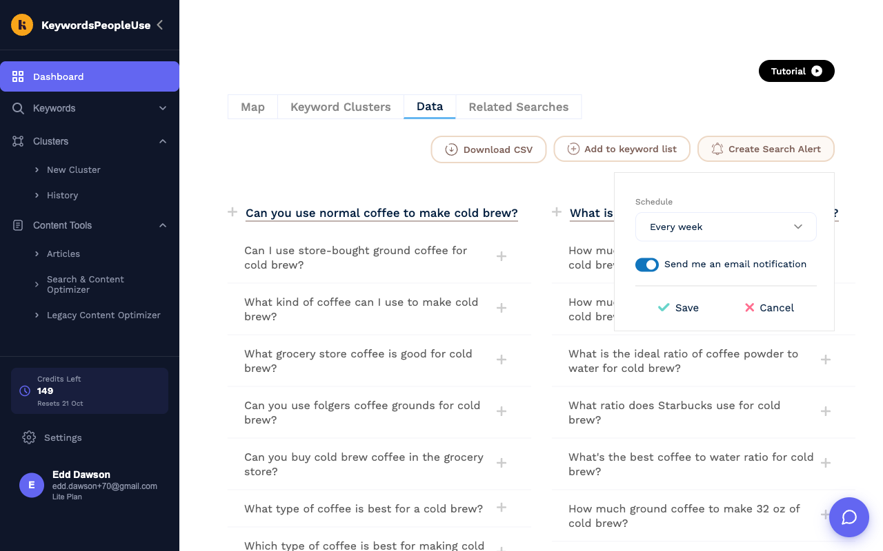 The Create Search Alert pop-up on a result