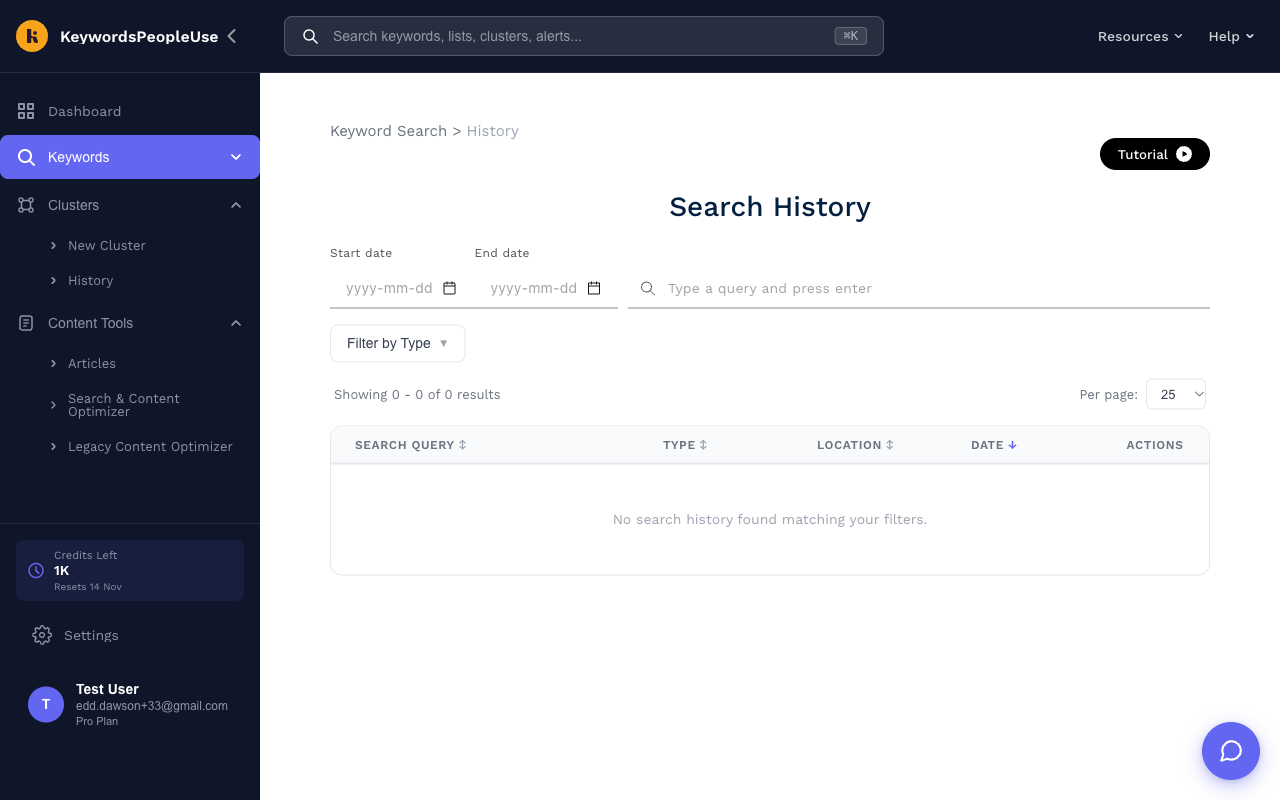 The Search History page