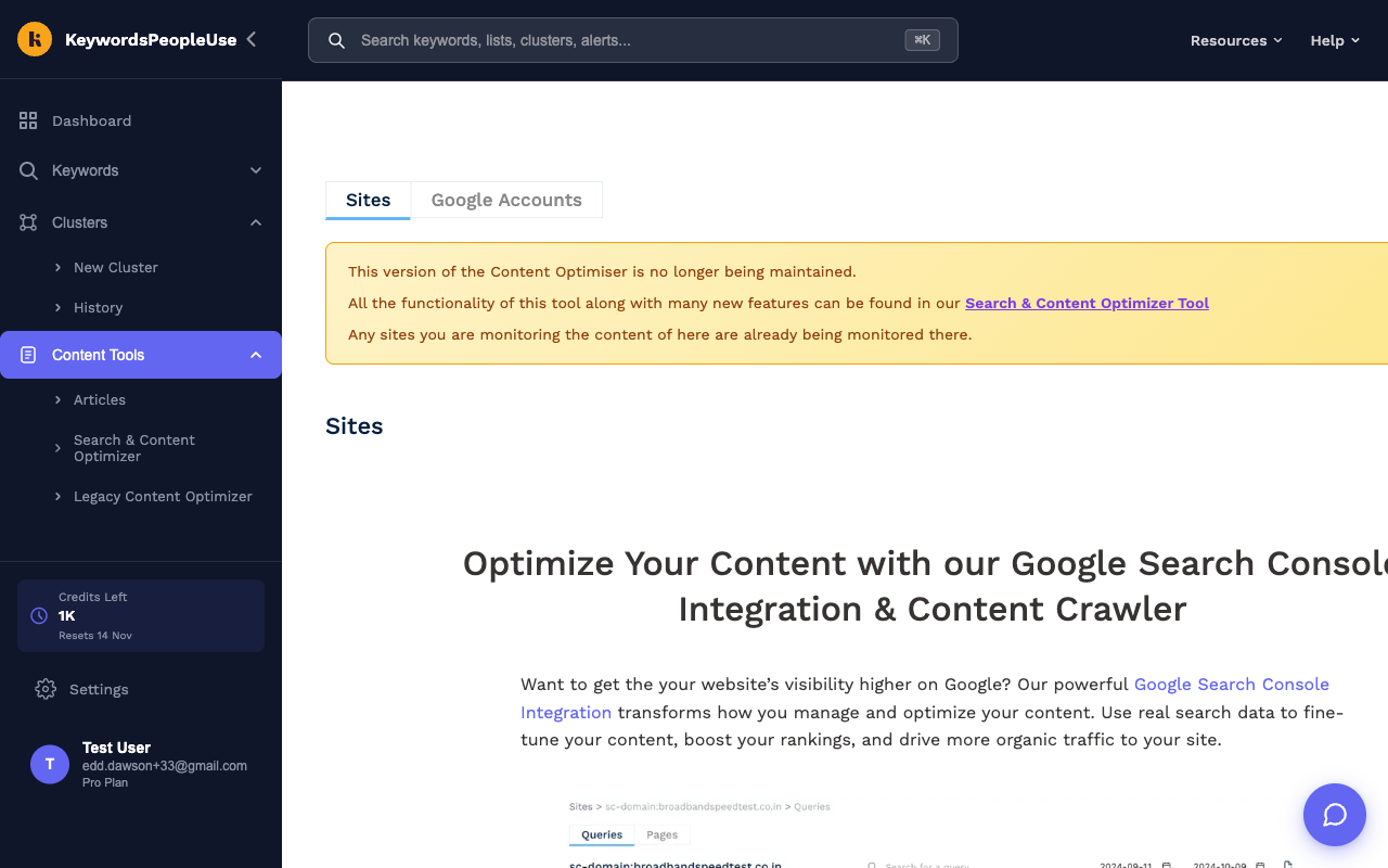 The Legacy Content Optimizer page with its deprecation notice