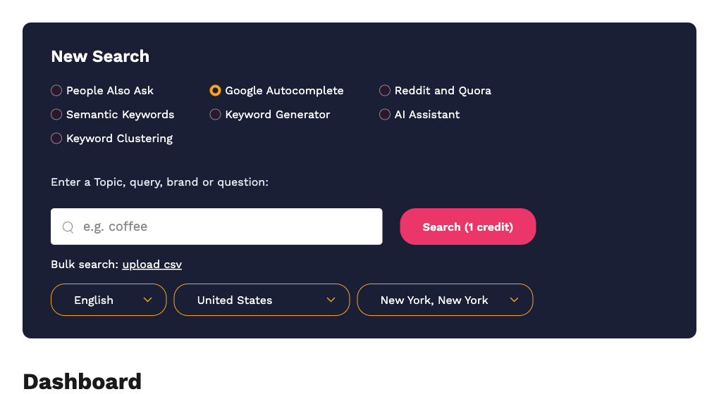 The New Search panel with Google Autocomplete selected