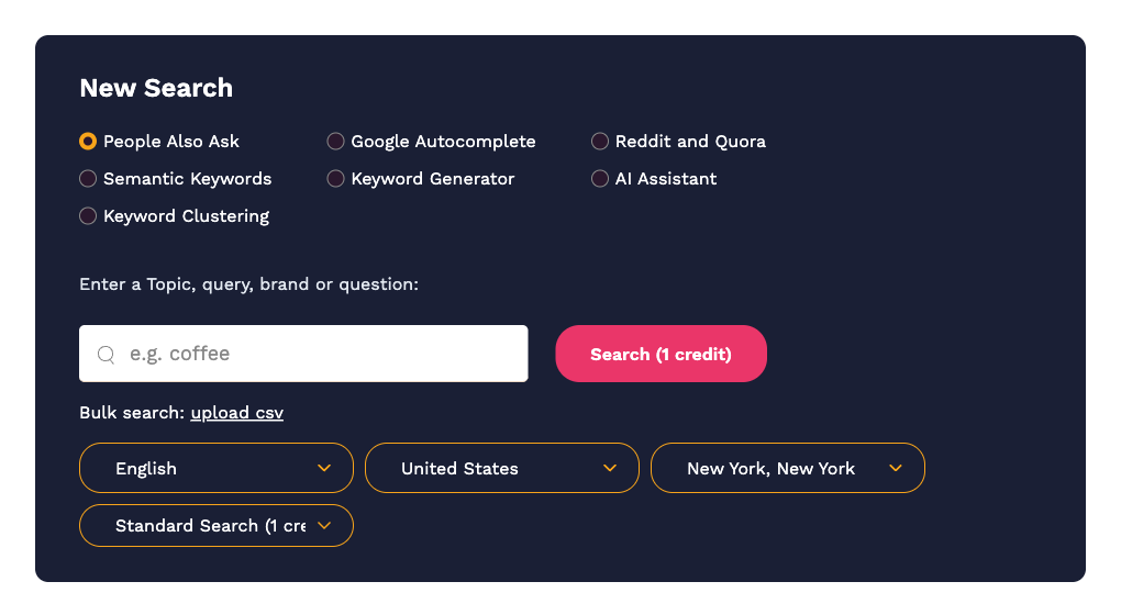 The New Search panel with People Also Ask selected