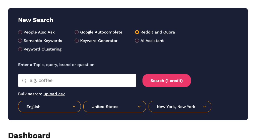 The New Search panel with Reddit and Quora selected