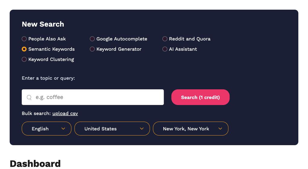 The New Search panel with Semantic Keywords selected