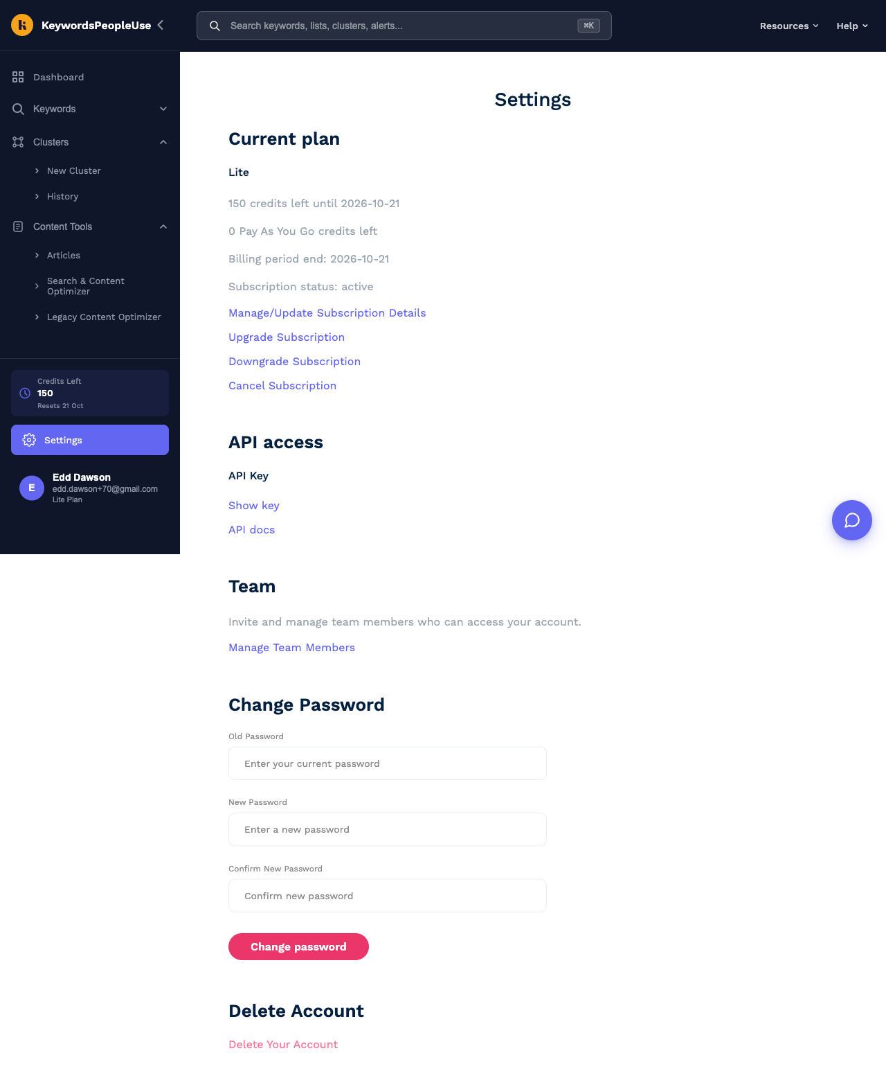 The full Settings page