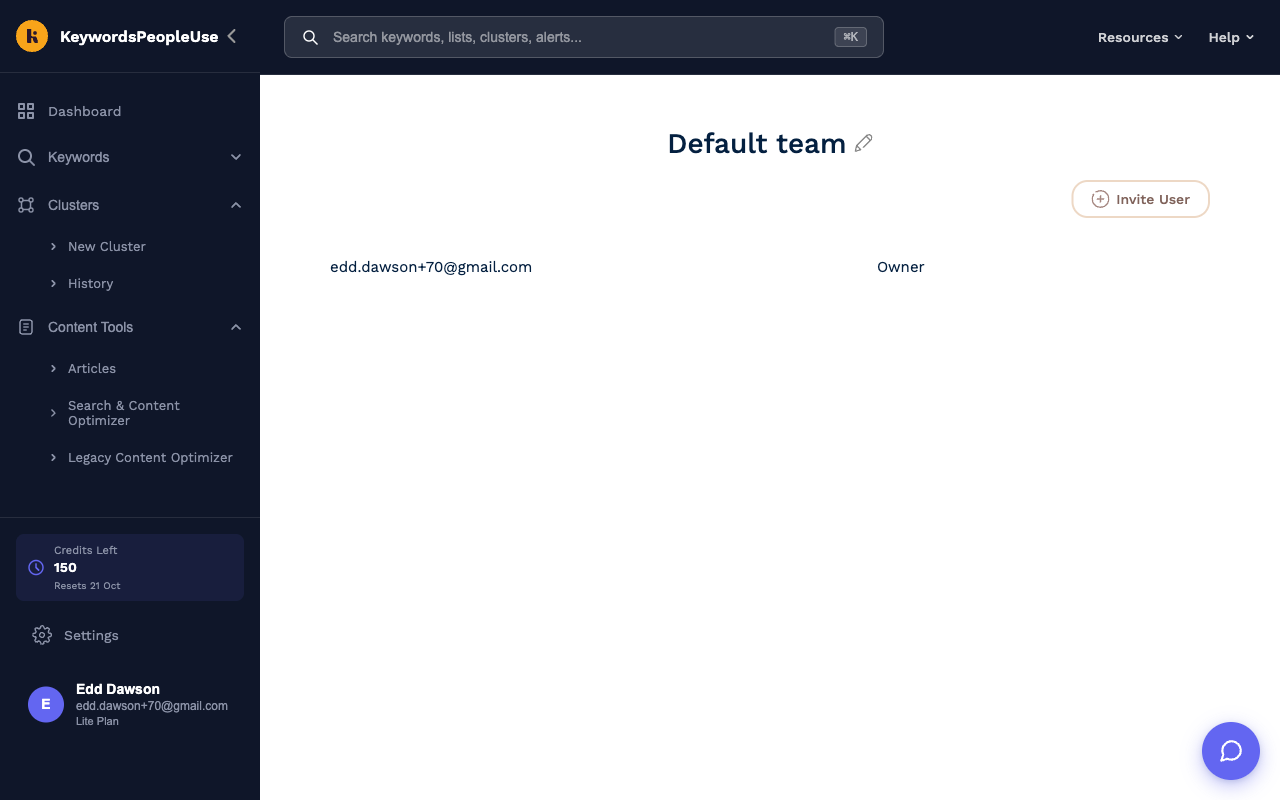 The Team page with the Invite User button